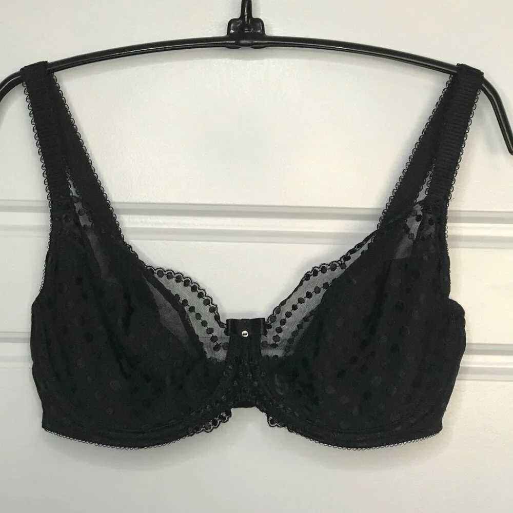 Wacoal Underwire‎ Bra Women's Size 36D Black Polka Dot Semi Sheer Full Coverage